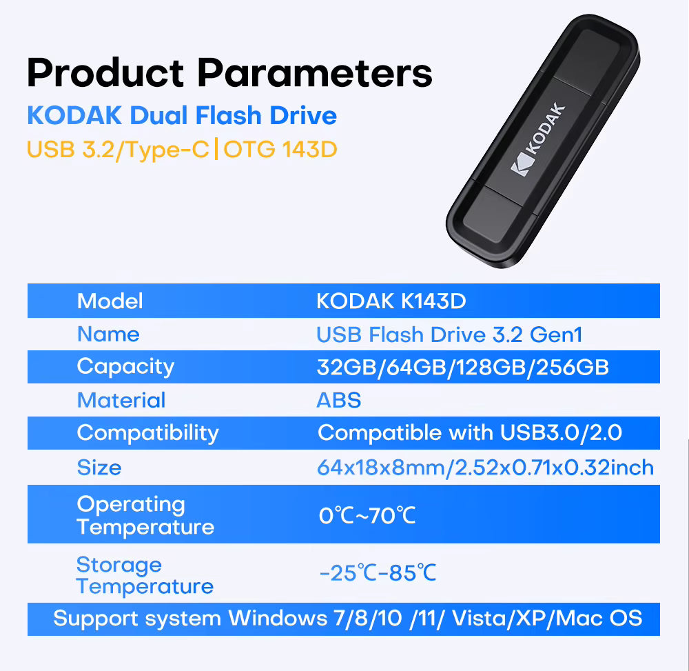 KODAK K143D Series 128GB Dual Flash Drive USB 3.2 Gen1 / Type-C