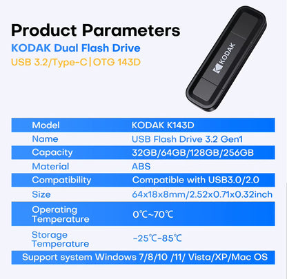 KODAK K143D Series 128GB Dual Flash Drive USB 3.2 Gen1 / Type-C